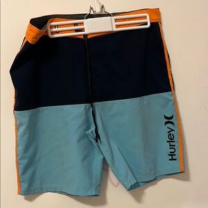 Hurley Men's Swim Shorts - Navy and Light Blue with Orange Accents